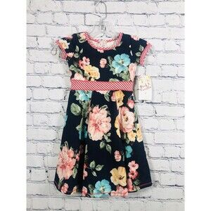 Pink Vanilla Girls Floral Fit & Flare Dress with Striped Trim Size 5